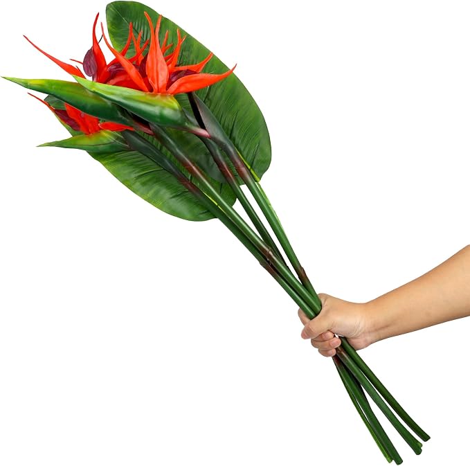 Artificial Bird of Paradise Flowers Real Touch 31.5'in Long Stem Flower 4 Pcs, with Bird of Paradise Leaves 33.5'in Long Stem Greenery Plants 2 Pcs,for Home Garden Wedding Party Decor (Red 6 Stems)