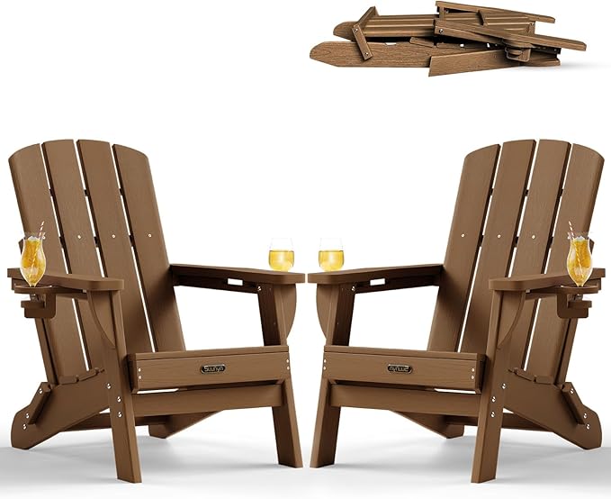 Folding Adirondack Chair 2 Pack, HDPE All-Weather Fire Pit Chairs, Plastic Adirondack Chairs with 2 Cup Holder, Outdoor Lawn Chair for Patio Garden (Brown)