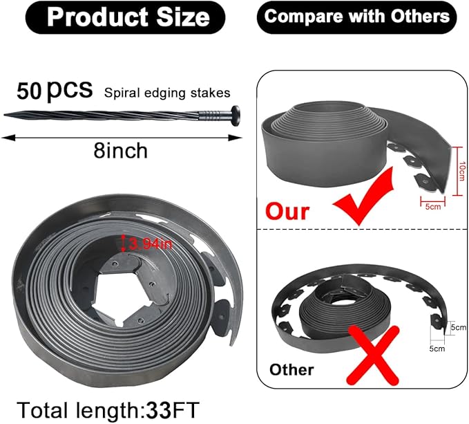Landscape Edging 33FT,Garden Edging Borders [Extra Tall 4IN High] Flexible Lawn Edging Kit with Total 50pcs Stakes,Mini Plastic Fence Edge Used for Yard,Flowerbeds,Landscaping,Grass,Tree -Grey