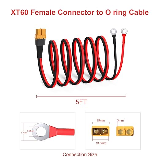 ELFCULB XT60 to O Ring Terminal Cable, 12AWG XT60 Female to O Ring Connector Cable with Tinned Pure Wire for RC Battery Solar Portable Power Power Station and Solar Panel(5FT)