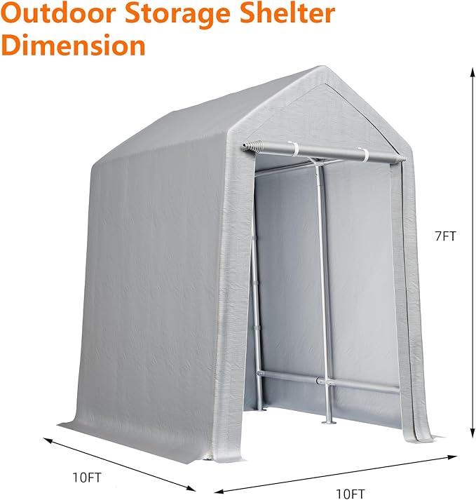 Portable Shed Outdoor Storage Shelter, 10x10 FT Heavy Duty Storage Shed, Waterproof Storage Tent Tarp Sheds with Roll-up Zipper Door for Motorcycle, Bike, Garden Tool, Grey