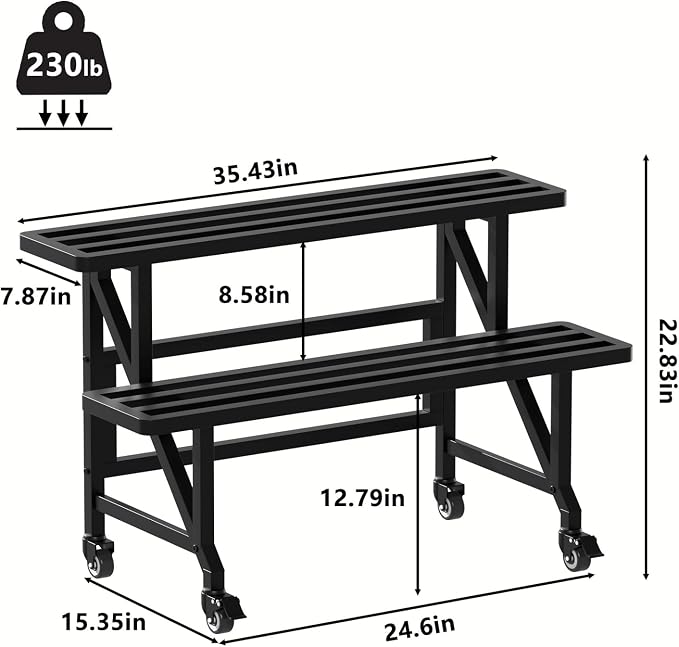 Metal Plant Stand with Wheels, 35.43" Wide Indoor Outdoor Flower Pot Rack, Black, 230 lb Capacity for Patio, Balcony, Living Room (2-Tier)