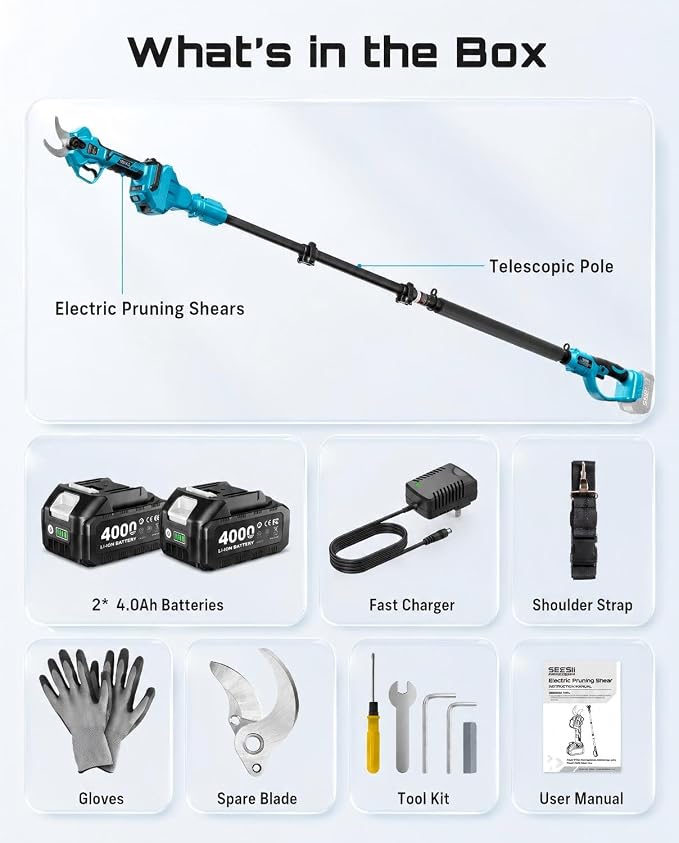 SEESII 2-in-1 Pole Pruning Shears 1.6'' Cut, 20V Electric Cordless Pole Pruner With 4.9-9 ft Telescopic Reach, LCD Display, 2 x 4.0Ah Batteries, Brushless Motor, SK5 Blade for Garden Tree Trimming