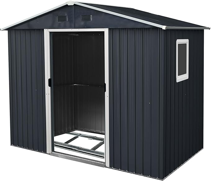 8x4 FT Outdoor Metal Storage Shed with Window, Galvanized Steel Garden Shed, Lockable Sliding Door, Sloped Roof, Ventilated Tool Storage House with Foundation Kit for Backyard Lawn, Black+White