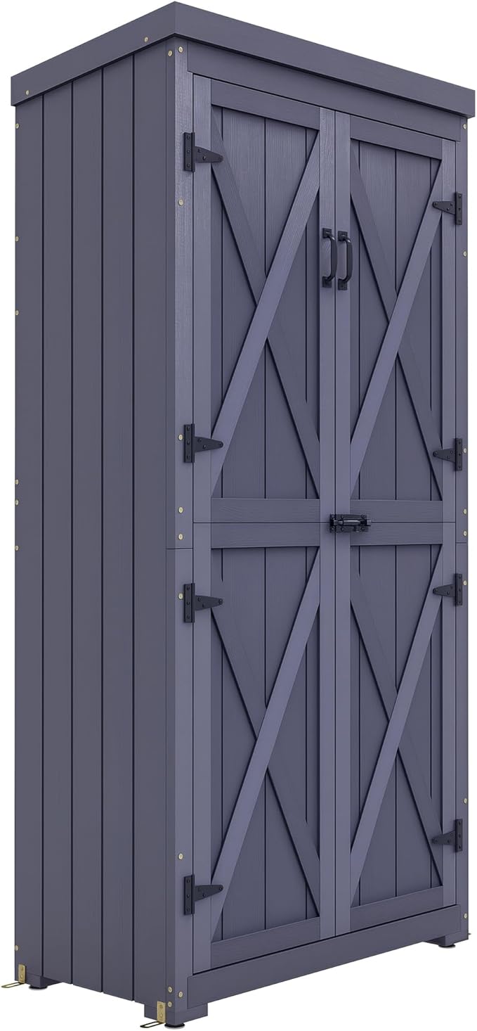 Outsunny Wooden Garden Shed, Outdoor Storage Cabinet with Waterproof Galvanized Metal Roof, Narrow Tool Shed with 3 Shelves and Lockable Door, Gray