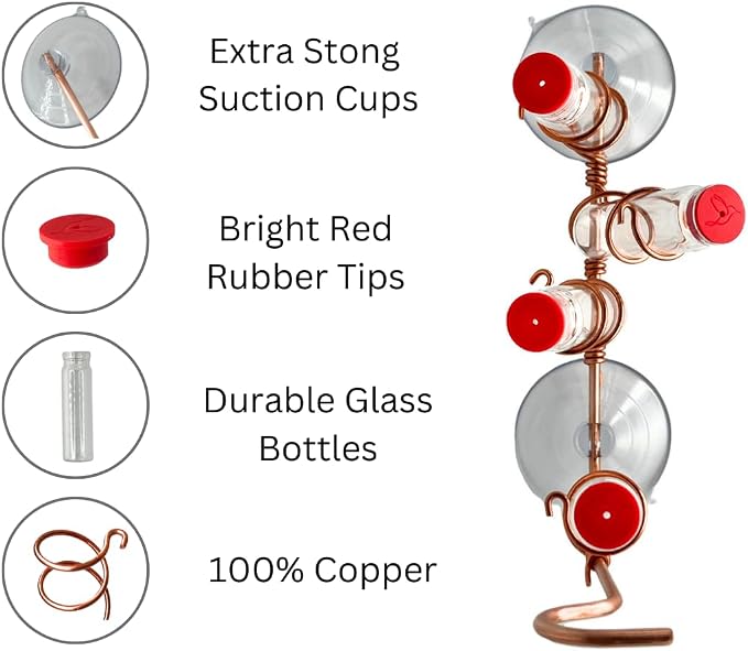 Window Hummingbird Feeder | Handcrafted Copper and Aluminum | Multiple Stations | Modern Hummingbird Feeder | Glass Bottles | Suction Cups (Copper, Four Station)