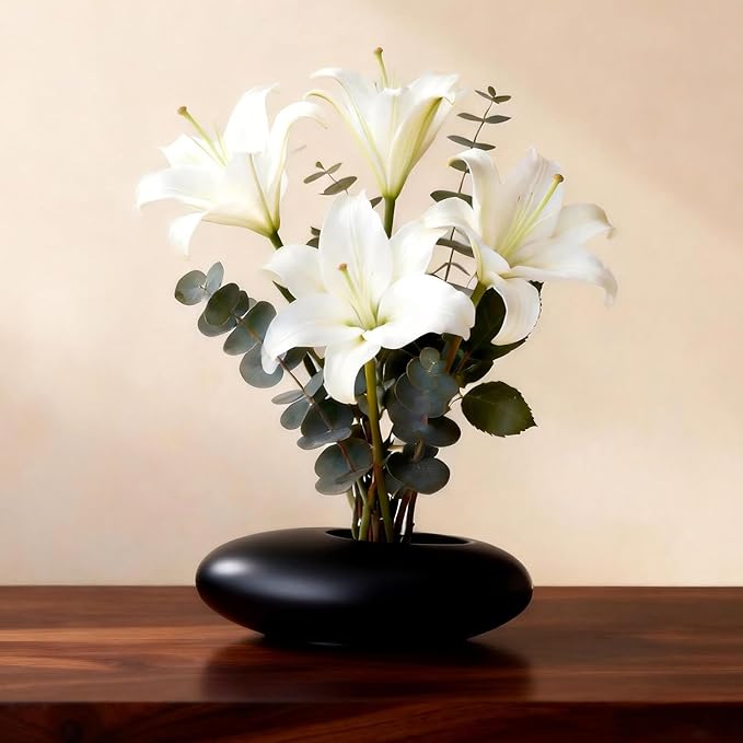 Japanese Inspired Ceramic Vase Ikebana kit, Pebble Shaped Flower Arrangement Bowl with 1.57inch Flower Frog Pin Frog Flower Stems Holder (Small Black)