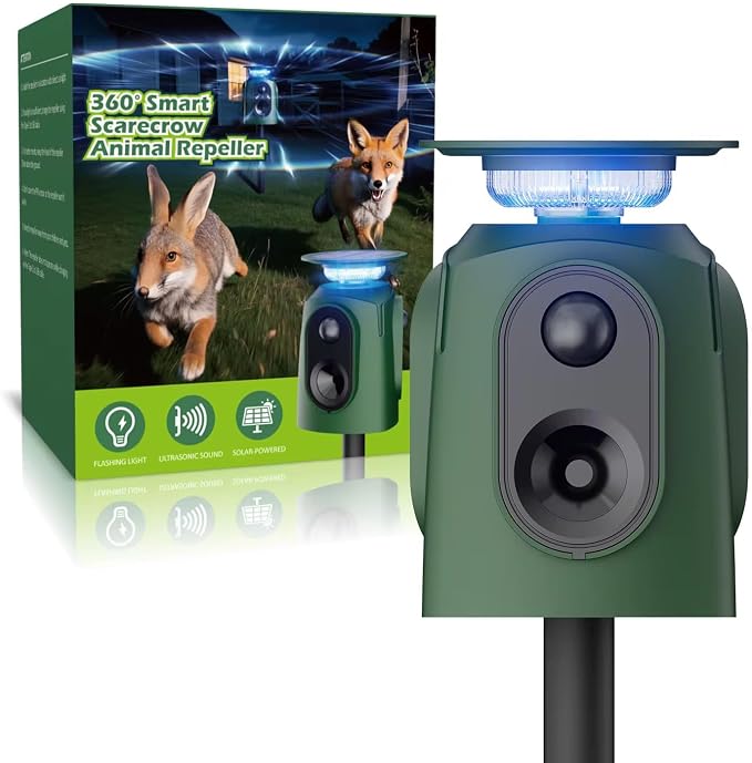 2026 Upgraded Solar Ultrasonic Animal Repeller, 360° Motion Detection with LED Flashing Light, Waterproof Design for Outdoor Garden, Farm, Temporary Yard Protection Against Deer, Cats, Dogs, Raccoons