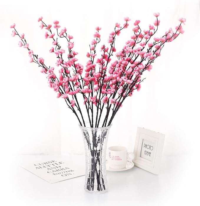 5 Pcs Artificial Plum Blossom Fake Wintersweet Long Stem Plastic Flowers Home Hotel Office Wedding Party Garden Decor 27.5'' High Pink