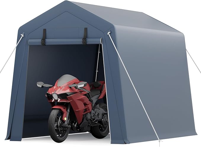 6X8 ft Heavy-Duty Portable Motorcycle Storage Shed with Roll-Up Door & Vent, 220g Waterproof PE Tarp & UV Protection, Motorcycle Shed for Motorcycles, Firewood, Garden Tools - Gray