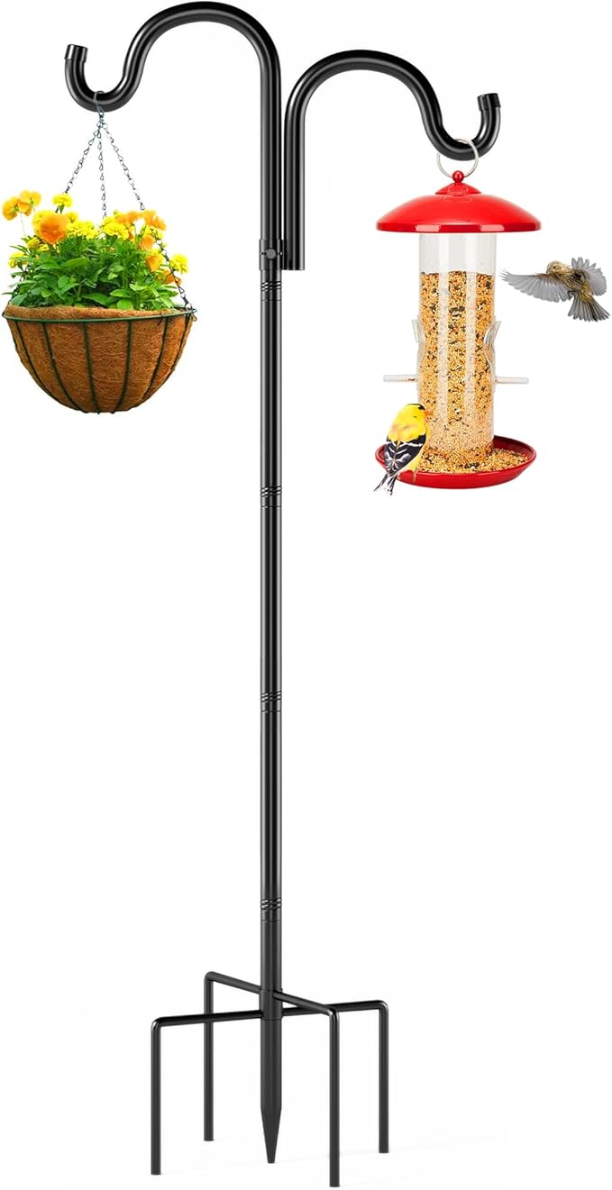 Double Shepherds Hooks for Outdoor, 76" Heavy Duty Bird Feeder Pole with 5 Prong Base, Adjustable Shepherds Hook for Bird feeders Outside, Garden, Weddings, Hanging Plants, 1 Pack, Black