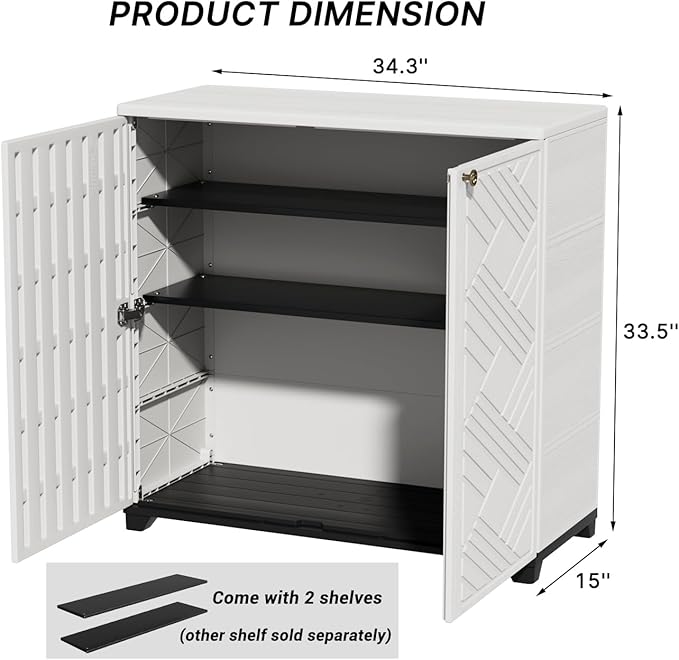 KINYING Outdoor Storage Cabinet Waterproof with 2 Shelves, 60 Gallon Resin Storage Shed for Patio/Garden/Backyard, Outdoor Storage Box for Cushions,Garden Tools and Pool Supplies,White