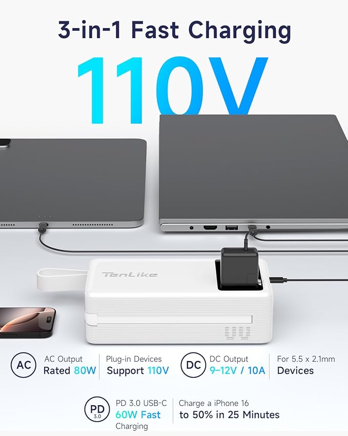 Power Bank with AC Outlet 99.9Wh Portable Power Stationr Camping Essentials Small Electric Generator Large Lithium Battery with 110V 80W Rated AC Plug in Output 60W Type-C Outdoor Emergency, White