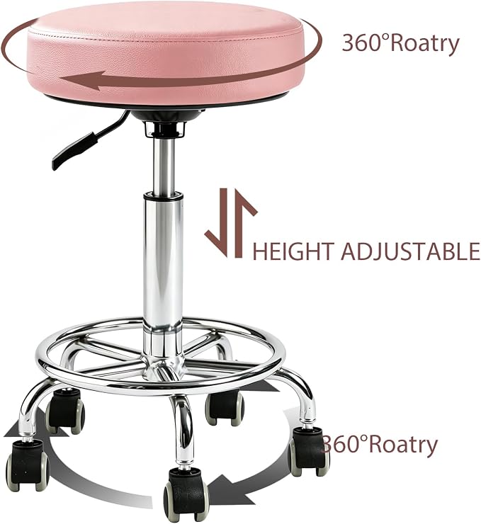 Adjustable Rolling Stool with Wheels Heavy Duty Round RollingStool with Footrest, Patent Leather Drafting Stool Chair with Wheels Work Spa Salon Seat, Pink