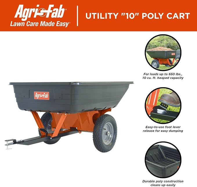 Agri-Fab 45-0533 650 lbs Tow Behind Poly Dump Cart, 10 CU. FT.; Lawn & Garden Cart/Trailer for Lawn Mowers, 16" Pneumatics Tires, Easy to Use Foot Pedal Dumping Lever