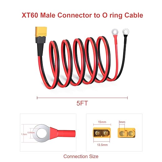 ELFCULB XT60 to O Ring Terminal Cable, 12AWG XT60 Male to O Ring Connector Cable with Tinned Pure Wire for RC Battery Solar Portable Power Power Station and Solar Panel(5FT)