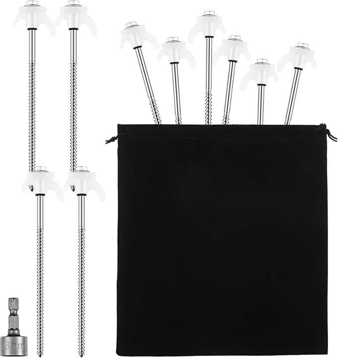 Yaocom 10 Pcs 8" Screw in Tent Stakes Heavy Duty Tent Stakes Drillable Ground Anchors Screw Metal Tent Pegs Threaded Tent Spikes with Head Driver for Swing Inflatable Decor (Illuminant White)