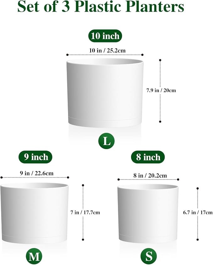 Plant Pots, 10/9/8 Inch 3 Pack Cylindrical Flower Pots with Drainage Holes and Saucers, Plastic Planters for Outdoor Indoor Plants,White