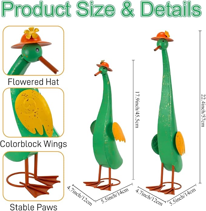 22" Duck Garden Statue Set of 2 Metal Ducks | Outdoor Decor Porch Animal Figurine Yard Art Sculptures Rustproof Lawn Ornament for Outside Patio Backyard Decorations