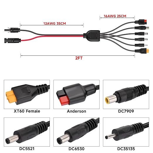 ELFCULB 6-in-1 Solar Panel Connector Kit, 12AWG Solar to XT60, Anderson, DC7909, DC6530, DC35135, DC5521 Connector Cable for Portable Station Solar Panel Generator(2FT)