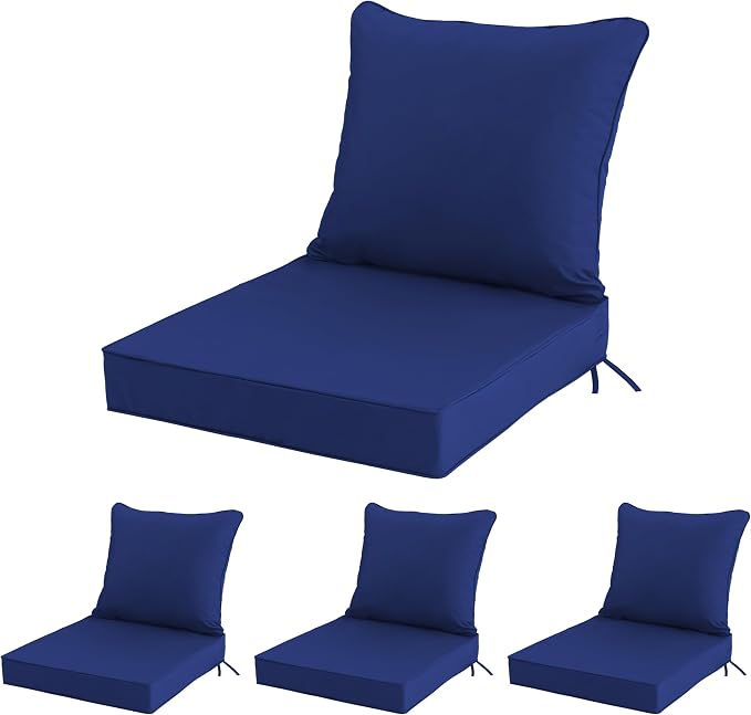 22''x22'' Patio Chair Cushions Set of 4, Outdoor Furniture Cushions - Removable Cover, Water-Repellent, Fade-Resistant, Non-Slip Bottom & Straps, Replacement for Lawn, Porch & Deck Chair - Navy