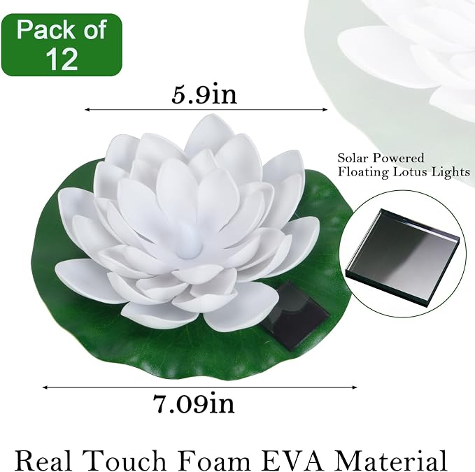 12 PCS Solar Floating Lotus Pool Lights - 7.09'' Waterproof Floating Flower with Light, Solar Water Activated Pool Lotus Lamp for Garden Pond Wedding Party Decoration (White)