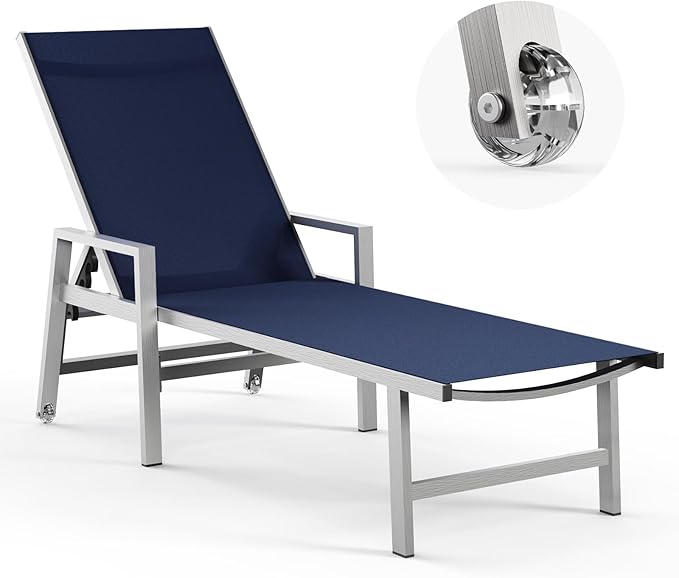 Vexwalx Patio Chaise Lounge Chair Outdoor with Wheels&Armrests, Aluminum Pool Lounge Chairs 5-Position Adjustable Recliner, Outdoor Beach Lounge Chairs for Poolside, Patio, Deck, Yard, Navy Blue