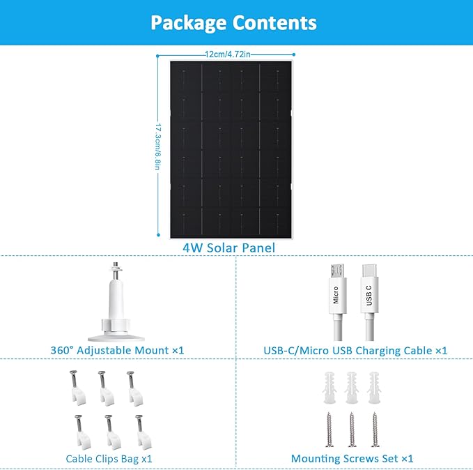 Zivif USB Solar Panel for Security Camera, 4W Solar Charger for Rechargeable Battery Camera, IP66 Waterproof, 360° Adjustable Mount, 9.8FT/3M Cable