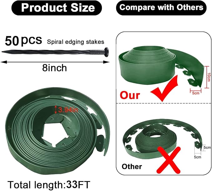 Landscape Edging 33FT,Garden Edging Borders [Extra Tall 4IN High] Flexible Lawn Edging Kit with Total 50pcs Stakes,Mini Plastic Fence Edge Used for Yard,Flowerbeds,Landscaping,Grass,Tree -Green