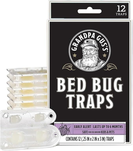 Grandpa Gus's Bed Bug Trap - Glue Traps for Mattress, Home and Travel - Early Detection, Patented Crush-Proof Design, Non-Toxic, Lasts Up to 6 Months, Pack of 12