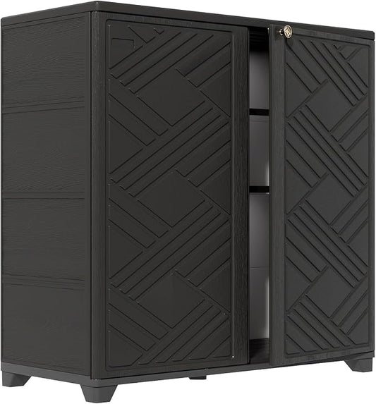 HOMSPARK Indoor/Outdoor Storage Cabinet with Doors and 2 Metal Shelves, 34”x15”x34” HDPE Plastic Storage Box for Patio, Garden, Enterway, Balcony, Multi-Purpose for Daily Tools, Black