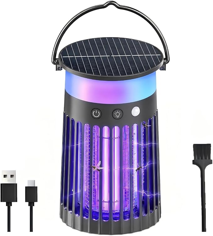 Solar Bug Zapper Outdoor & Indoor, 4200V Electric Mosquito Killer w 4000mah USB Rechargeable Battery, Fly Trap for Gnat, Fruit Fly, Moths, Portable Pest Control for Camping, Garden, Patio