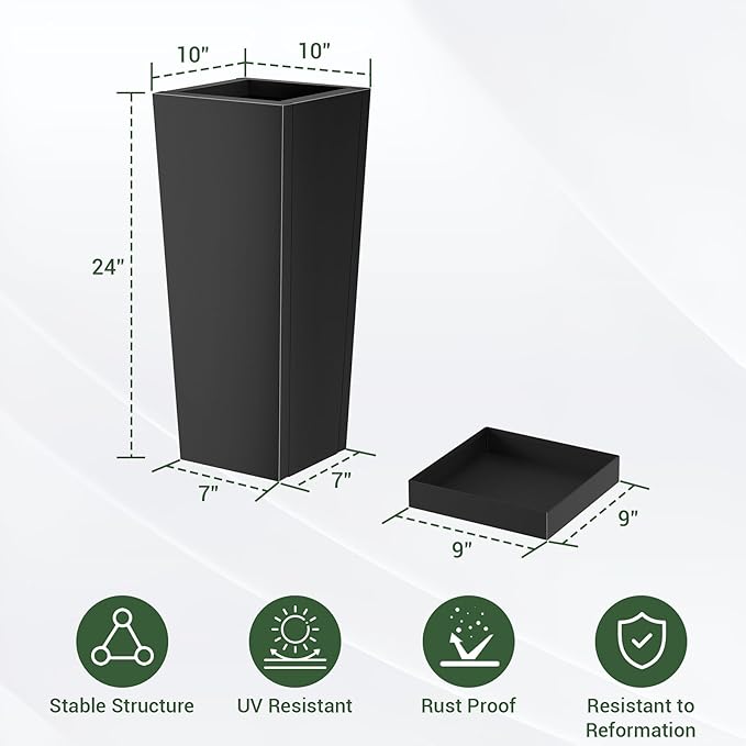 Metal Tall Outdoor Planters Set of 2, 24 inch Durable Tall Planters with Rust-Proof Coating & Drainage Insert Shelve & Trays, Black Outdoor Planters for Porch, Garden, Patio, Yard