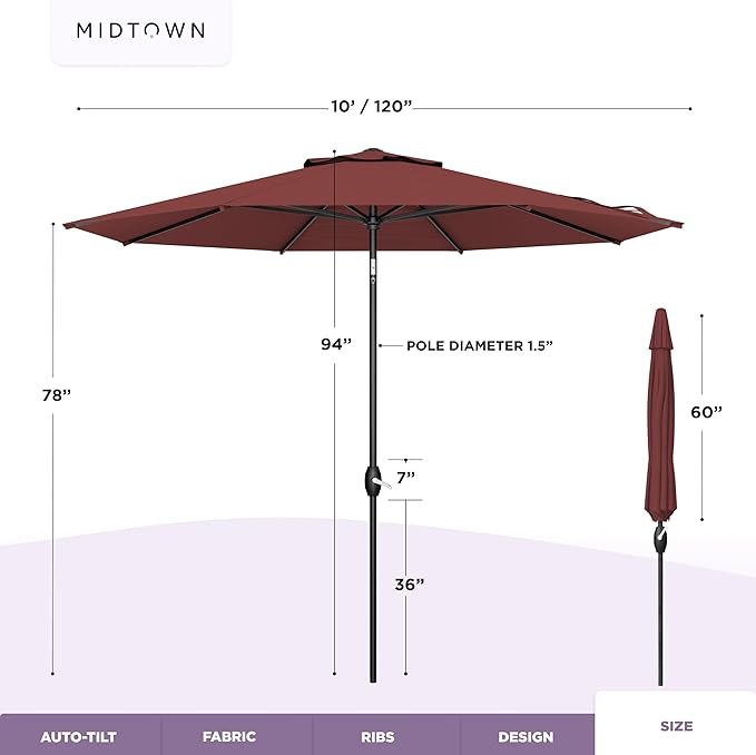 Midtown Umbrellas - 10-Year-No-Fade 10 Ft Patio Umbrella with Terylast Fabric, Auto-Tilt Aluminum Frame and 8 Reinforced Ribs for Deck, Pool, Garden & Beach - Cherry Burgundy Canopy, Black Pole