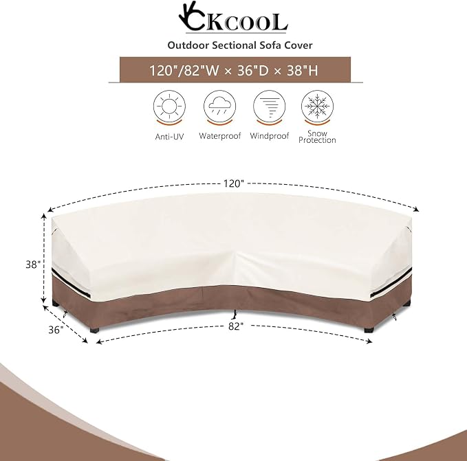 Okcool Outdoor Sectional Cover,Curved Patio Furniture Covers for 3-4 Seater Outdoor Furniture Couch,120"(Back Arc Length) x 82"(Front Arc Length),Beige & Brown