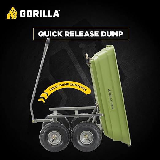 Gorilla Carts Poly Garden Dump Cart, 4 Cu Ft Tub, 600 lb Haul Capacity, Green – Heavy-Duty Utility Wagon with Quick-Release Dumping & Pneumatic Tires for Yard, Landscaping and Gardening