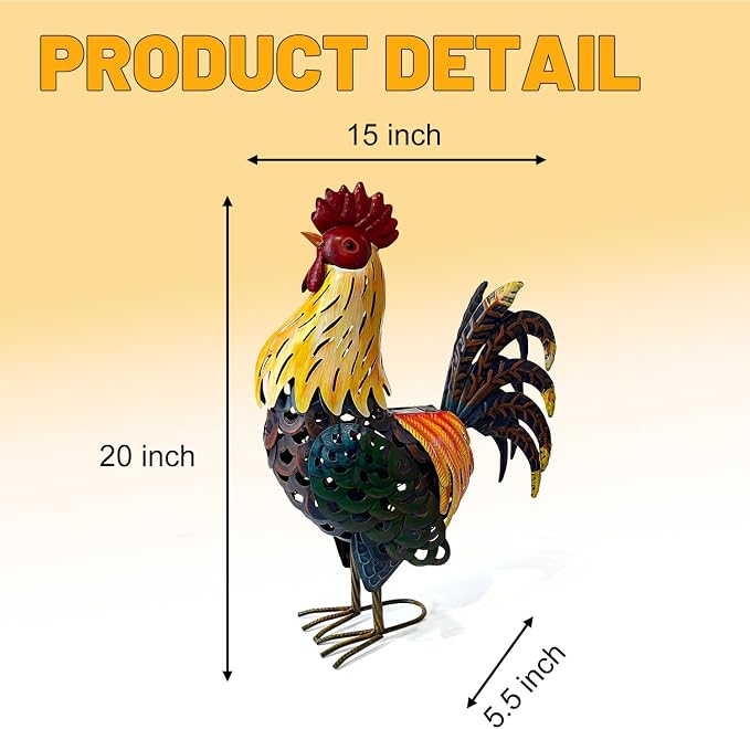 LIFFY Metal Chicken Yard Decor, 20" Solar Yard Rooster Decorations,Farm Outdoor Garden Statues, Animal Sculpture Ornaments for Backyard Patio Lawn Landscape