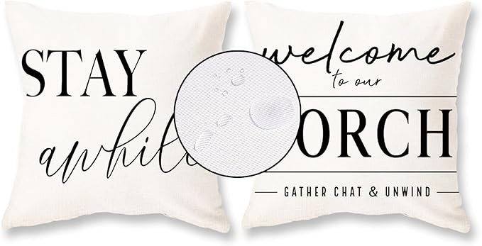 TAJWE Outdoor Pillow Covers Waterproof 16x16 Set of 2 Welcome to Our Porch Stay Awhile Cushion Cases for Patio Furniture Sofa Couch Decor