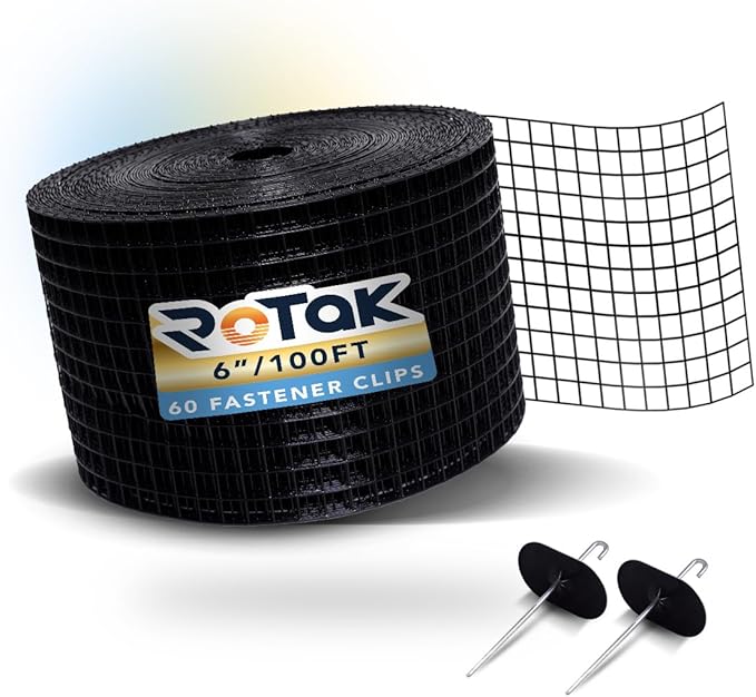 ROTAK Critter Guard - 6in x 100ft Solar Panel Bird Guard with Fastener Clips - Galvanized Black PVC Coated ½ inch Wire Roll Mesh (6" x 100' with 60 Fastener Clips)