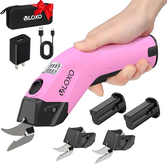 VLOXO Cordless Electric Scissors, 4V Rechargeable Power Scissors Cardboard Cutter with Replacement Blade/Battery Powerful Fabric Cutter for Carpet Plastic Leather(pink) Y4008