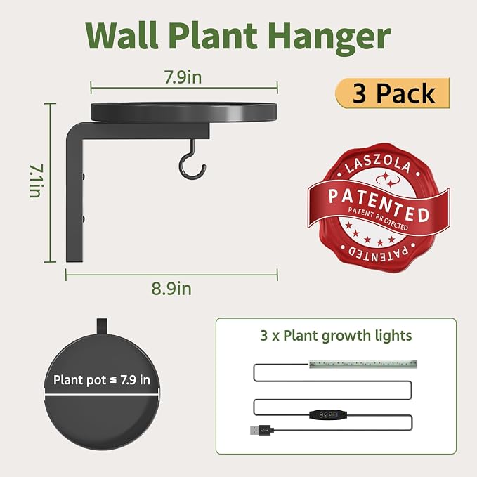 LASZOLA Plant Hangers Shelves Wall Mounted Indoor with Grow Lights, Metal Window Plant Holders, 3Pcs Modern Floating Flower Display Stand with 3 Hooks for Outdoor Kitchen Bathroom Decor, Black