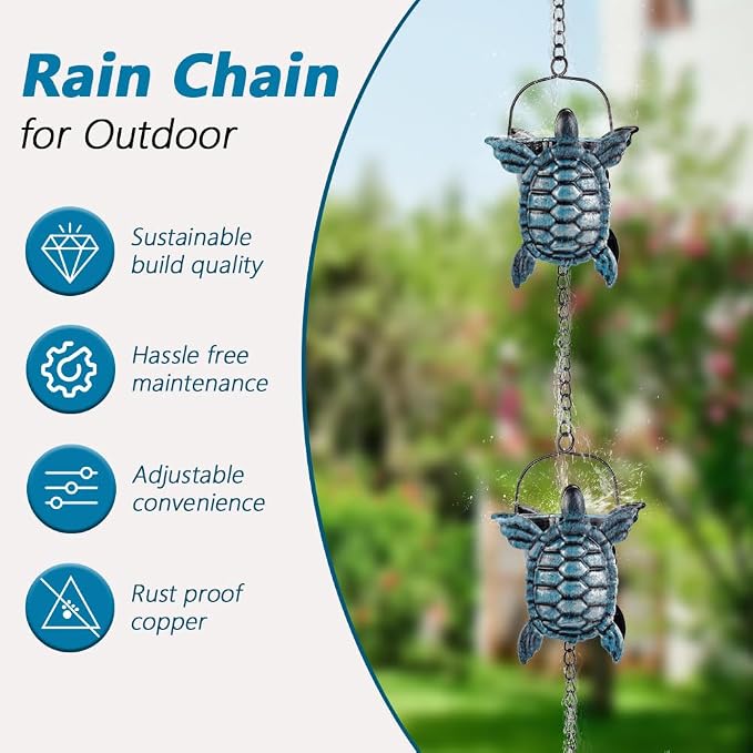 10 FT Rain Chains for Gutter, Rain Chain with 12 Turtle Shape Cups Adjustable Rain Catcher Chain for Gutters, Eaves, Drainage, Replacement for Downpout, Blue