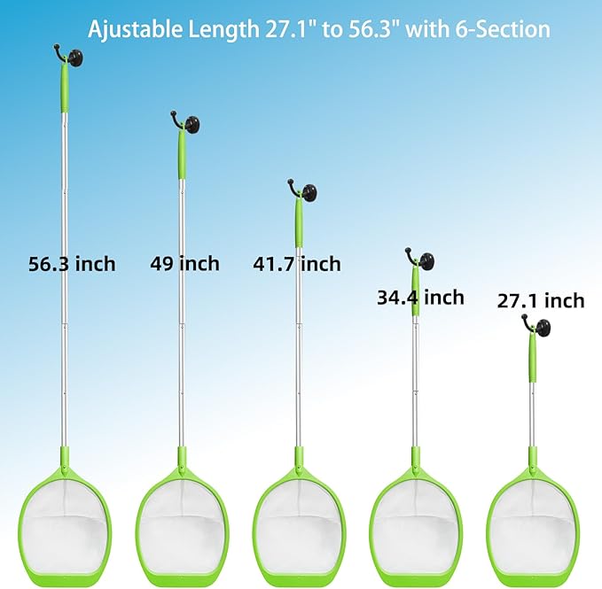 Pool Skimmer Net with 6-Section Reinforced Aluminum Pole, Deep Ultra Fine Mesh Leaf Skimmer Rake for Fast Debris Removal, 56.3" Adjustable Length for Cleaning Swimming Pools, Spas, Tubs & Ponds