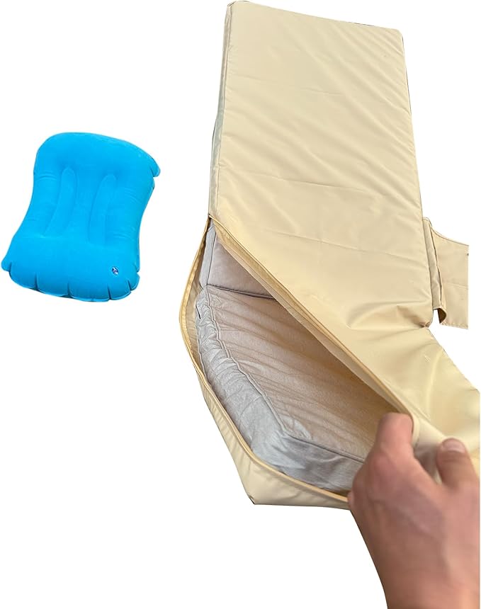 Replacement Covers for Outdoor Chaise Lounge Cushions, 80 x 26 x 3 Inch Patio Lounge Chair Cushion Covers–Waterproof, Fade-Resistant, with 2 Pockets & Inflatable Headrest (Cover Only) Khaki