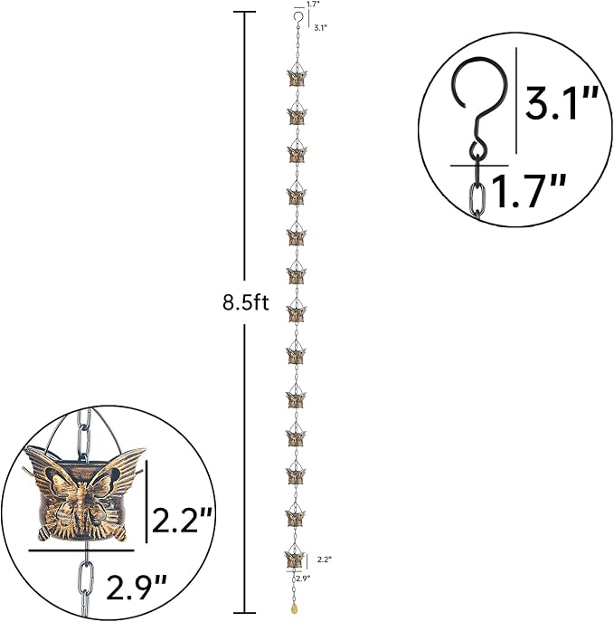 Rain Chains for Gutters Outside 8.5FT Copper Rain Catcher Chain with 13 Butterfly Cups Decorative Replacement for Downspout