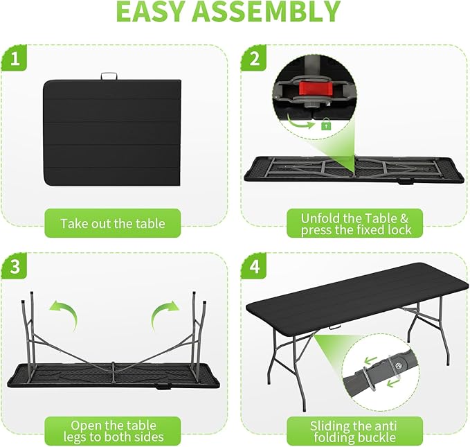 BestOffice 6 FT Picnic Table, Portable Plastic Folding Table with Carrying Handle Perfect for Picnics, Parties, Party and Camping, Black Wood Grain