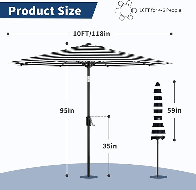 Garvee 9 ft Patio Umbrella - 8 Sturdy Ribs Outdoor Table Umbrella with Crank Lift & Push Button Tilt - Market Umbrella for Pool, Deck, Yard, Garden - Black & White Stripe