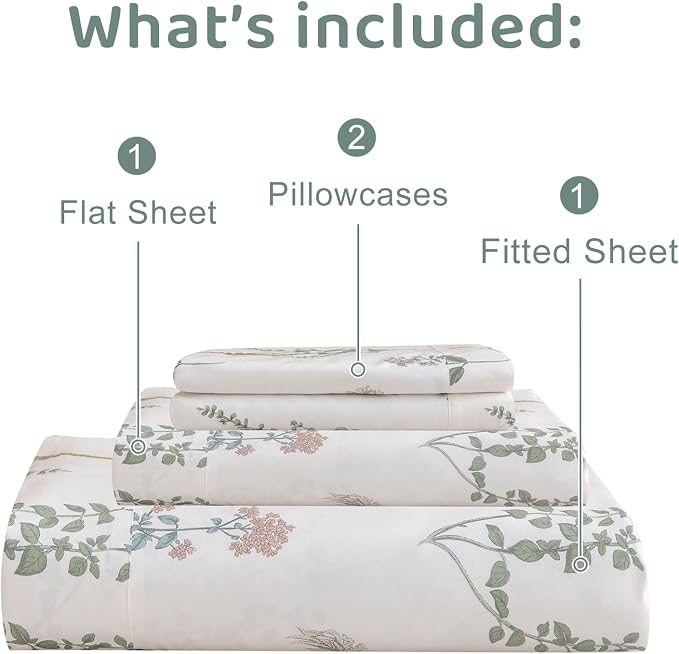 QSH Floral Queen Size Sheet Sets - 100% Egyptian Cotton Sheets Elegant Flower Pattern Printed Bedding Sheets Queen Size Bed Extra Soft and Breathable 4pcs Deep Pockets Bed Sheets