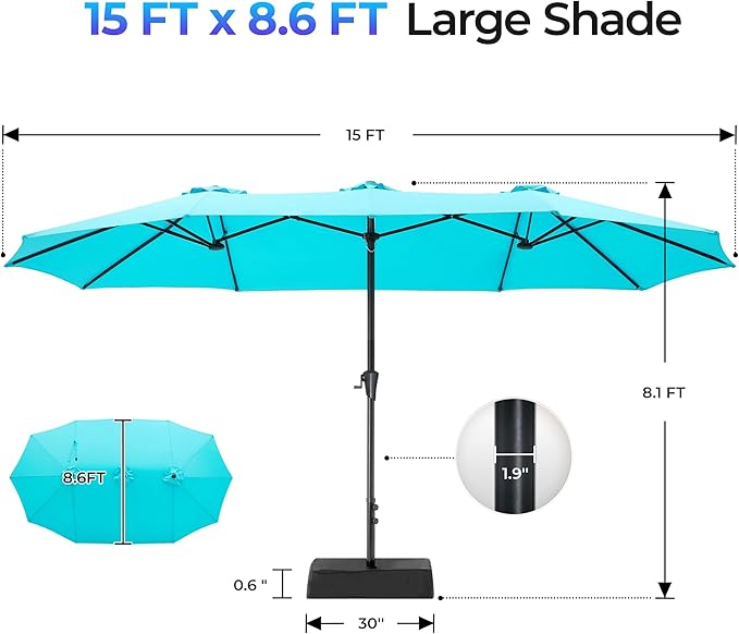 SUPERJARE 15FT Outdoor Patio Umbrella with Base Included, Double Sided Pool Umbrellas with Fade Resistant Canopy, Extra-Large Table Umbrella for Deck, Market, Backyard, Light Blue