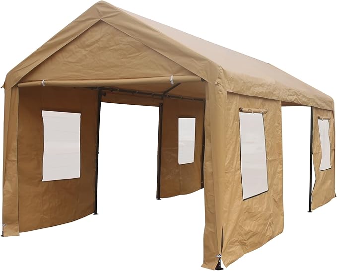 12x20 ft Heavy Duty Outdoor Portable Ventilated Canopy Carports, Garage Car Shelter with Removable Doors and Sidewalls, Sand